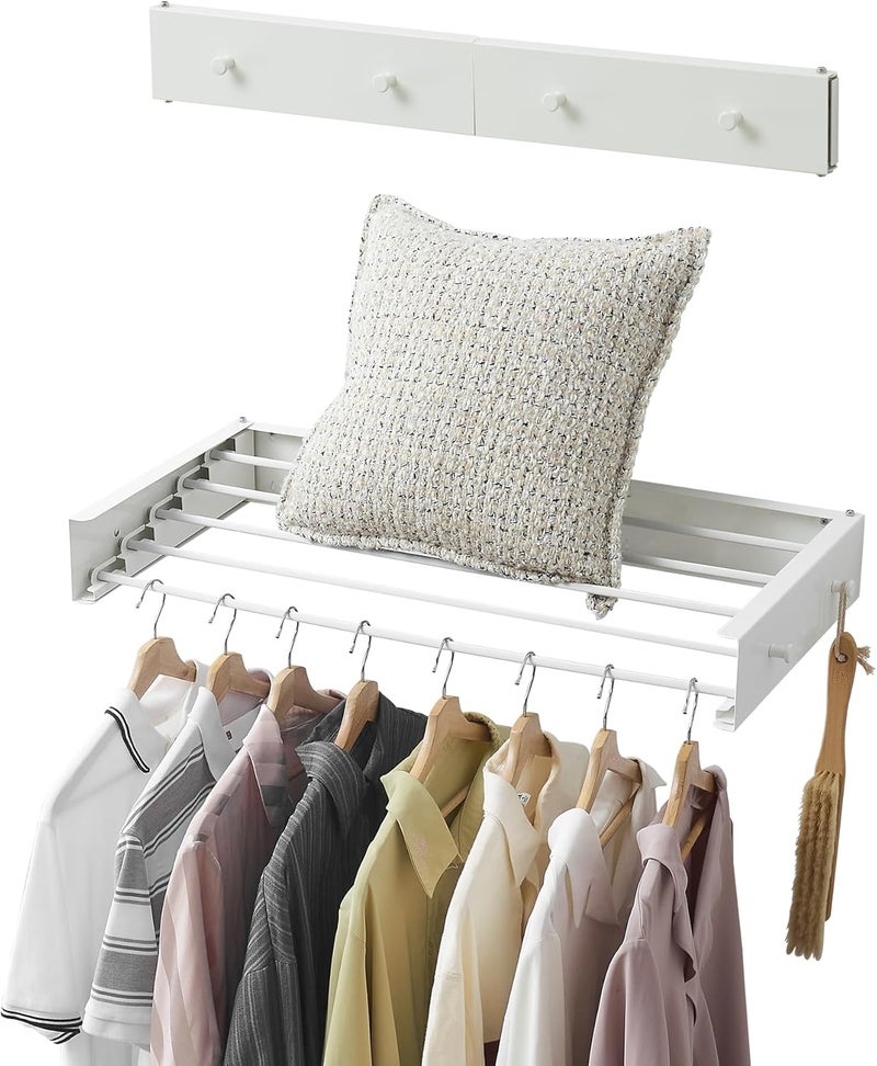 RFOUO Clothes Drying Rack,Laundry Hanging Rack Collapsible,Wall Mounted Drying Rack for Laundry,Foldable Drying Rack Indoor Outdoor,31.5" Wide,5 Aluminum Rods with Hooks, 60 lb Capacity (White 31.5" Hooks) - Image 1